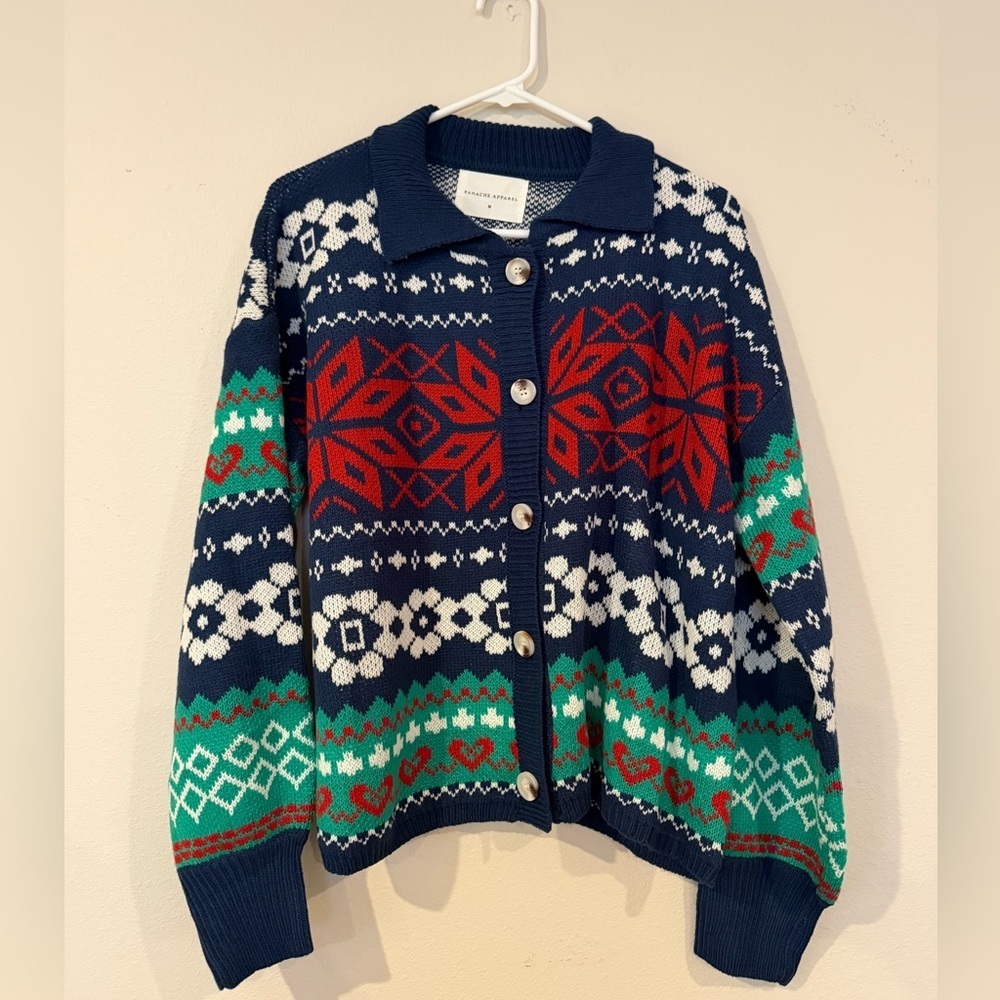 Panache Apparel Navy Fair Isle Cardigan Sweater Size M Button Front‎ Acrylic